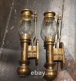 Antique Lamps x2 Brass White Star Ship Co Liverpool Wall Mounted Cabin Candle