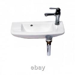 Bathroom Wall Mount Sink in White with Chrome Faucet and Drain