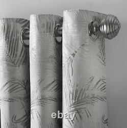 Pairs Of Silver Grey Steel Grey Fern Leaves Woven Jacquard Eyelet Lined Curtains