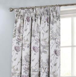 Pairs of Floral Lilac Grey Secret Garden Lined Tape Top Ready Made Curtains