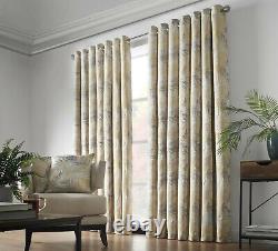Pairs of Ochre Gold Silver Grey Fern Leaves Woven Jacquard Eyelet Lined Curtains