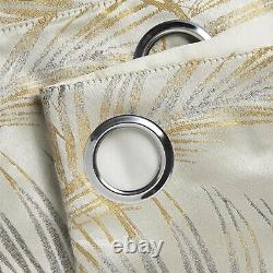 Pairs of Ochre Gold Silver Grey Fern Leaves Woven Jacquard Eyelet Lined Curtains