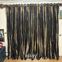 Two Curtain Panels Black and Gold Striped Pattern HEAVY lined 85 long