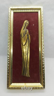 Vintage Religious Brass Wall Hanging Frame Lined Bronze Virgin Mary Figure Signe