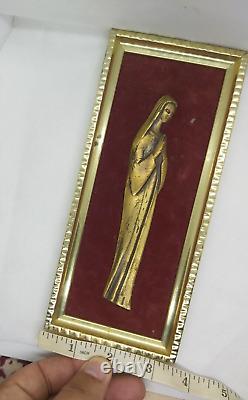 Vintage Religious Brass Wall Hanging Frame Lined Bronze Virgin Mary Figure Signe